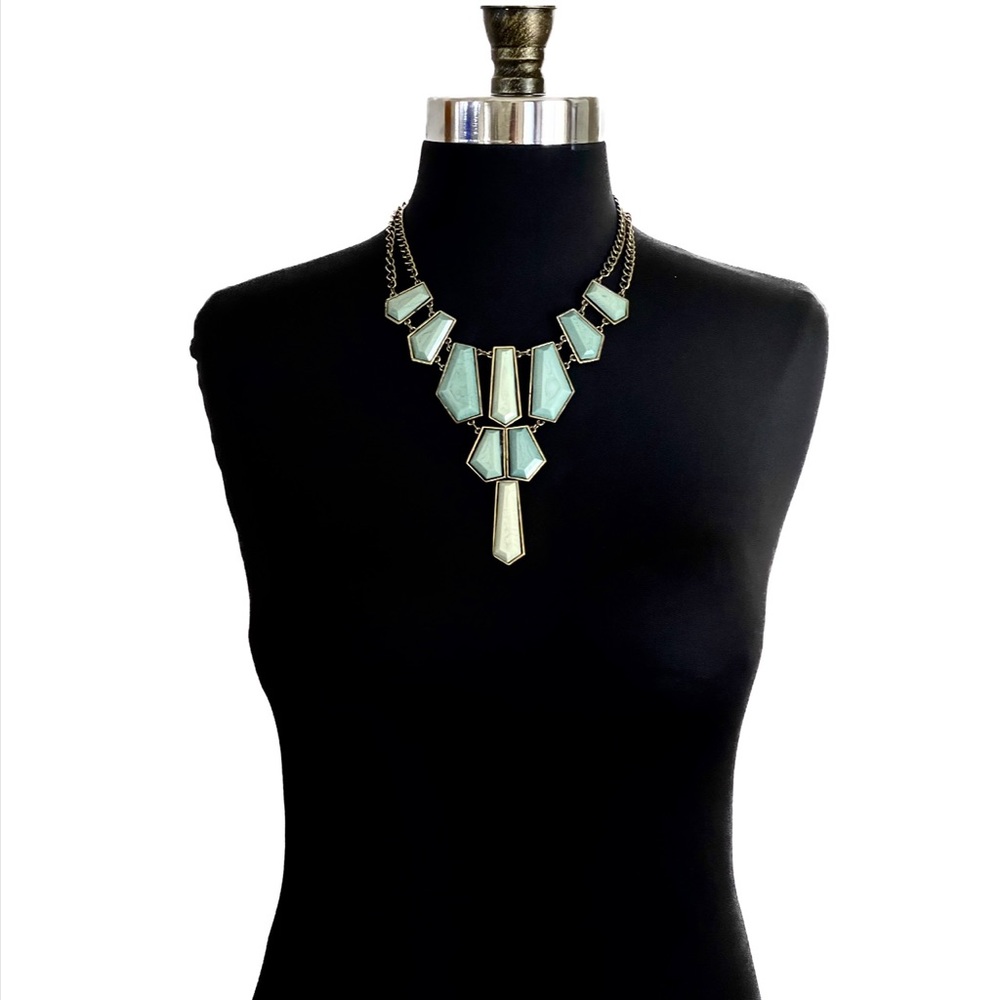 Egyptian style bib necklace double antique gold chain turquoise colored stones